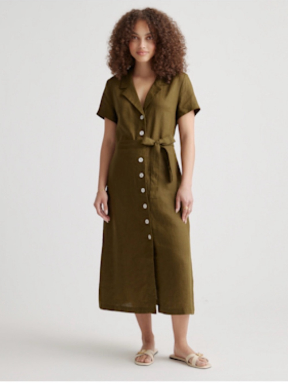 Quince Olive Green Button-Front Dress with Tie Waist